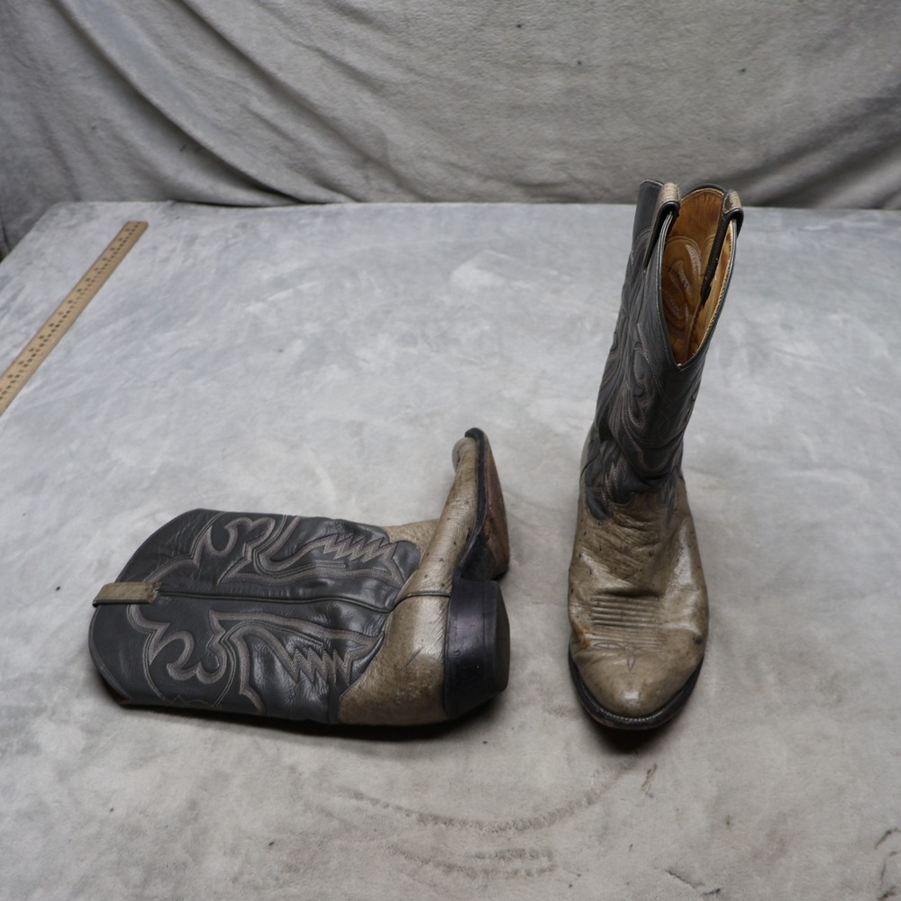 Panhandle Slim Men 10.5D Western Boot Grey Ostrich Print Leather Pull On VTG 80s